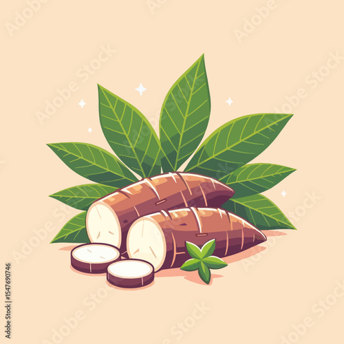 Colorful illustration showcases two pieces of cassava, accompanied by leaves and slices, set against a light beige background.
