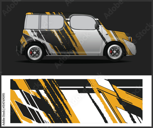 Modern Car Wrap Design with Yellow and Black Abstract Graphics