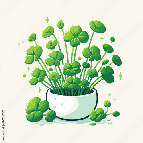 Cartoon representation of a lucky plant with multiple four-leaf clovers in a white pot, set against a light background.  The style is cheerful and inviting.