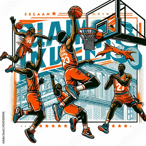 Stylized graphic design featuring multiple basketball players in various dynamic poses.  The image depicts mid-air dunks and energetic action, set against a backdrop.