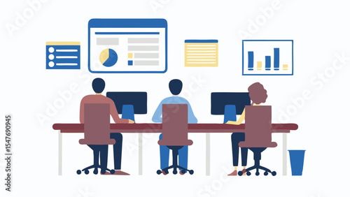 Illustration of three people working at desks with charts and graphs displayed on screens behind them