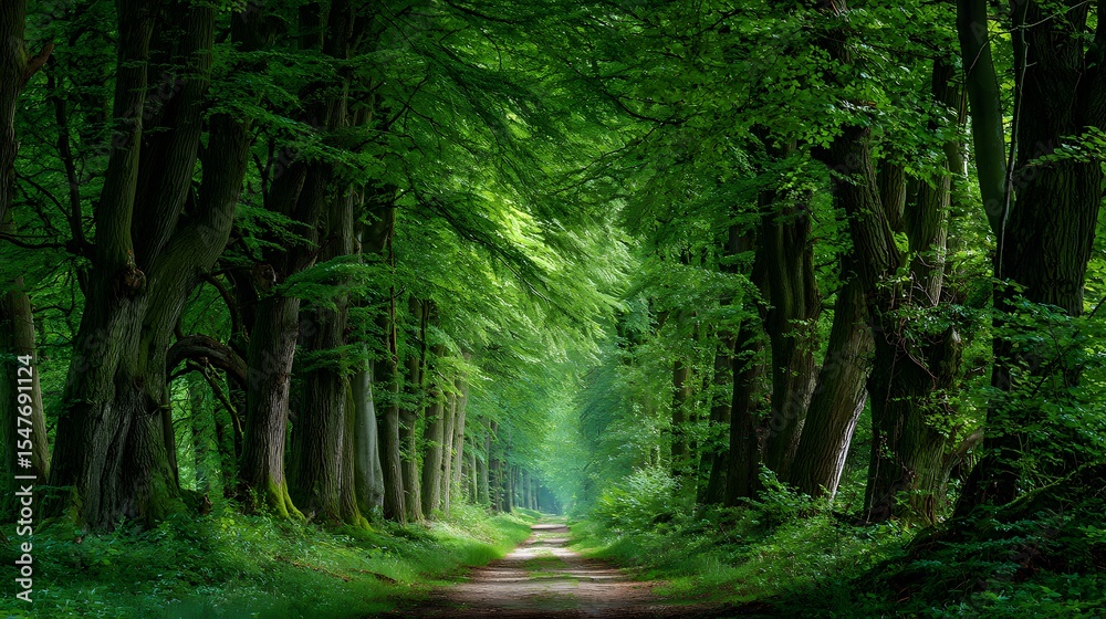 Obraz premium 8k Beautiful natural landscape background. Nature scene of a deep beech tree alley at the bottom