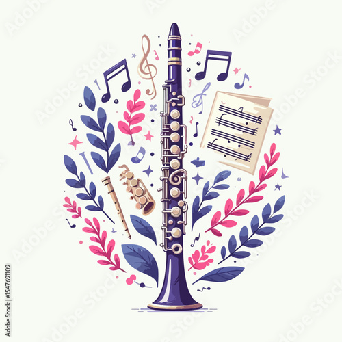 Vibrant graphic design featuring a clarinet encircled by musical notation and stylized floral elements.