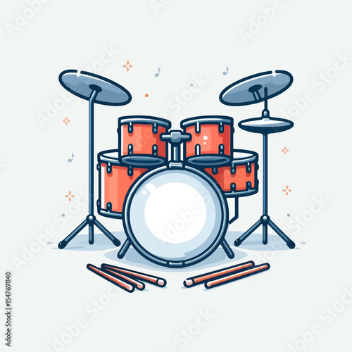 Flat, outlined graphic design of a drum kit, with red drum and cymbal elements and light grey background.