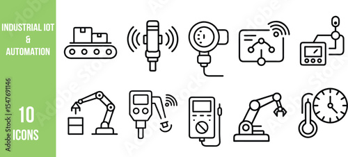 A set of 10 high-quality vector icons featuring key components of industrial IoT, including factory sensors, robotic arms, digital meters, and smart dashboards. Ideal for UI/UX, apps, infographics