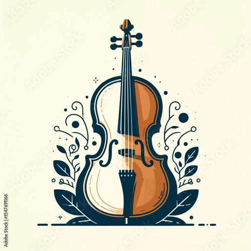 Stylized, flat illustration of a violin with a decorative floral border, featuring a simple,  elegant graphic design.