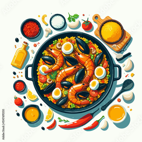 Vibrant graphic design of a paella dish, surrounded by its various components, arranged in a circular pattern.  The illustration highlights the dish's culinary ingredients.