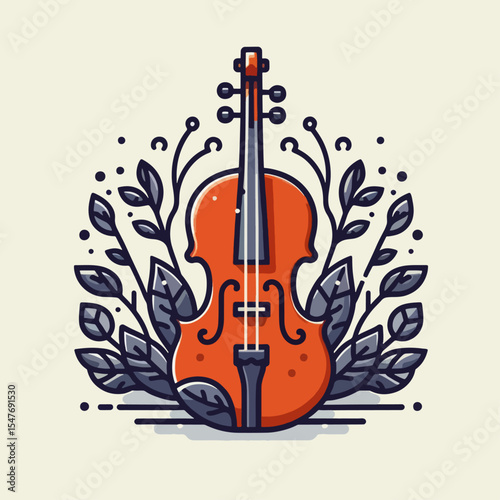 Vibrant, simple illustration of a violin encircled by decorative floral elements, in a graphic design style.