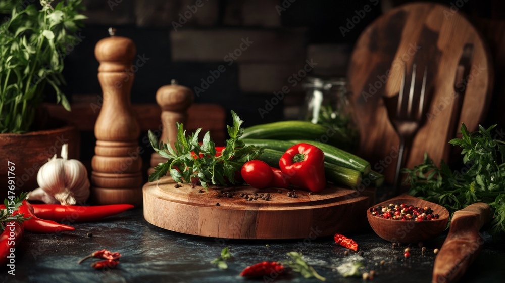 Fototapeta premium Rustic wooden kitchen table with fresh vegetables and herbs for culinary food product branding photography visuals