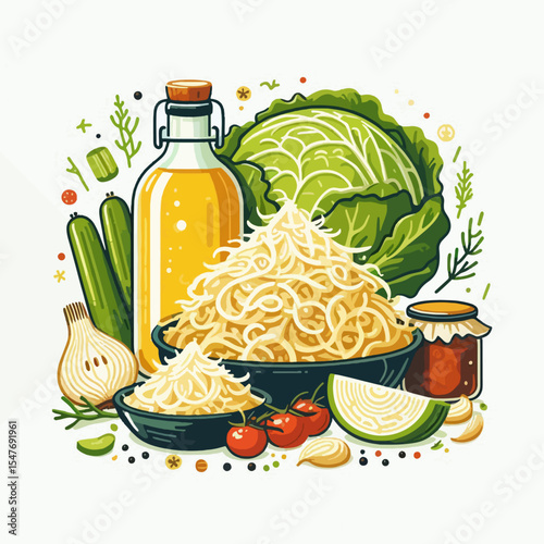 Vibrant graphic design depicting a variety of fresh vegetables, including sauerkraut, and a bottle of oil.  The image showcases a balanced and nutritious food composition.