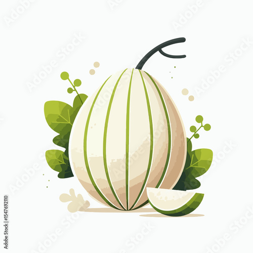 Vibrant, digitally created illustration features a whole and a slice of a light-colored melon with hints of green.  The melon is surrounded by stylized leaves.