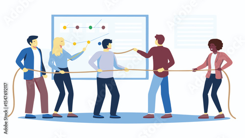 People in a tug of war in front of a whiteboard with a graph pulling on a rope in a team effort