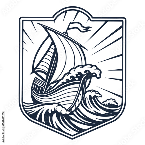 Vintage illustration of a sailing ship battling rough seas in a crest