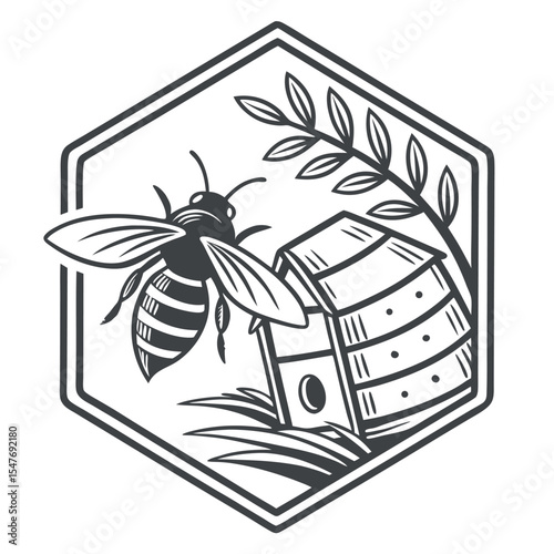 Honeybee approaching a rustic beehive in a hexagonal frame