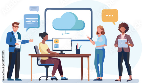 A group of professionals collaborating on cloud technology in an office environment with computers and speech bubbles