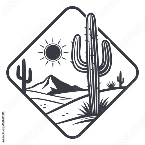 Desert landscape with saguaro cactus and mountain silhouette