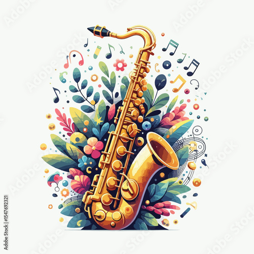 Vibrant illustration of a saxophone surrounded by a decorative floral and musical theme.