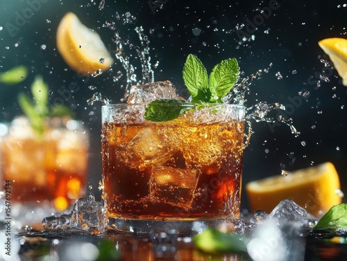 Refreshing iced tea with mint and lemon splashes during a summer gathering in a cozy backyard