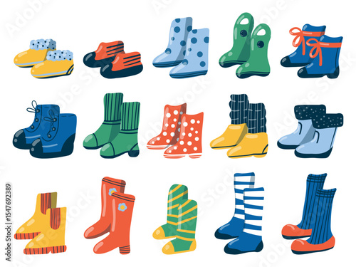 Set of funny children’s boots — autumn, spring, winter and rain footwear. Hand-drawn in playful style. Isolated design elements. For children’s clothing and footwear brands, kindergartens