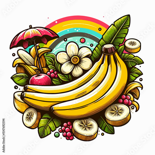 Vibrant illustration of a cluster of bananas surrounded by tropical fruits, flowers, leaves, and a decorative umbrella. The design is eye-catching and summer-themed.