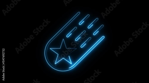 Glowing neon falling star icon isolated on black background. HD Video motion graphic animation