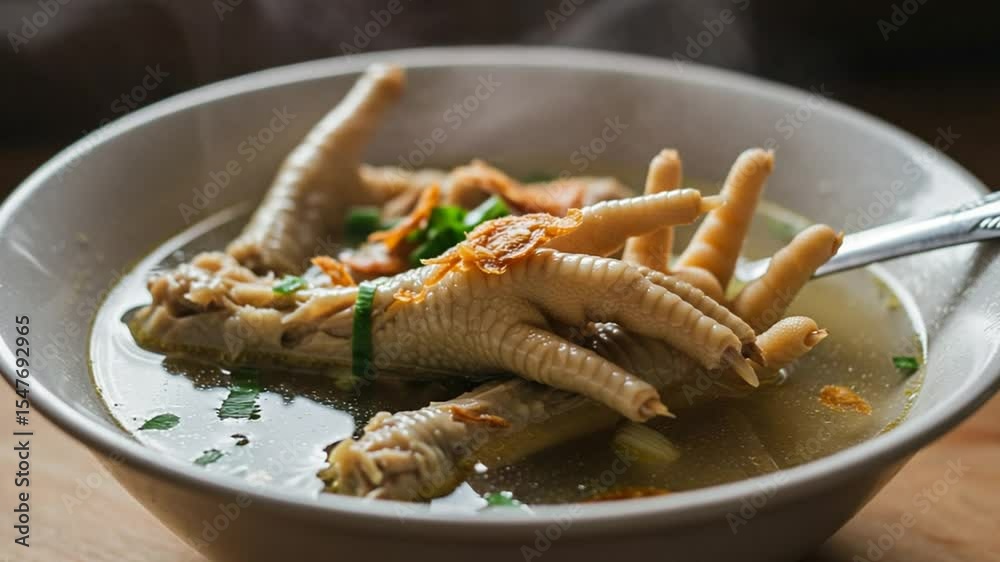 Steaming Bowl of Chicken Feet Soup with Herbs and Fried Shallots, Traditional Asian Comfort Food