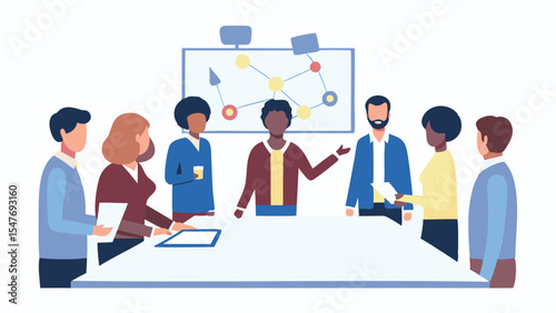 Diverse team collaborating around a table with a presentation board discussing business strategies and goals