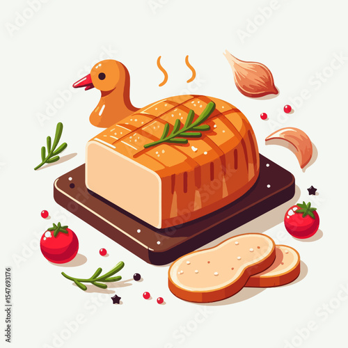 Colorful graphic illustration of a grilled bread loaf, adorned with a cartoon duck, herbs, spices, and fresh tomatoes.  The isometric style and warm colors create an appetizing scene.