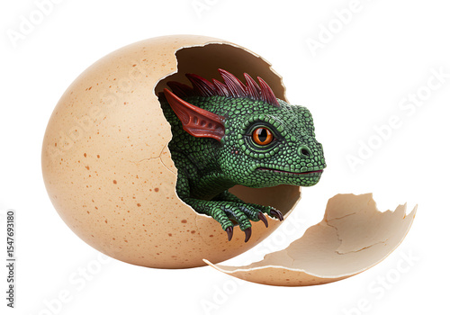 Green dragon hatching from speckled egg on black backdrop featuring red fins and claws