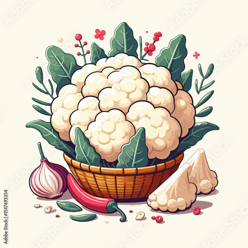 Decorative image of a head of cauliflower nestled in a woven basket, accompanied by herbs, garlic, chili peppers, and spices.  The style is vibrant and visually appealing.