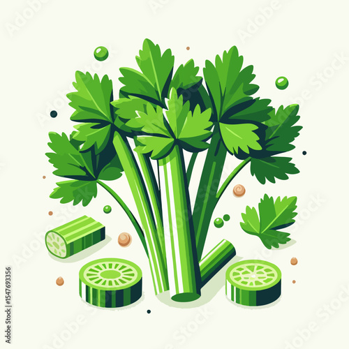 Graphic illustration of a bunch of fresh celery stalks and slices, arranged in an isometric view against a white background.  Bright colors and a detailed style convey a wholesome, healthy image.
