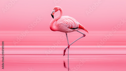 beautiful pink flamingo stands on one leg in water on pink background.