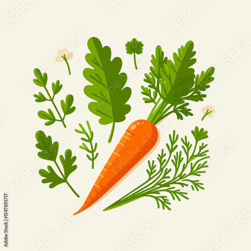 Vibrant illustration of a carrot with accompanying leafy greens and flowers.  The design style is flat and colorful, creating a visually appealing image of fresh produce.