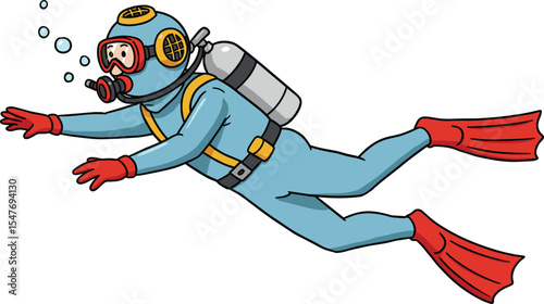 Cartoon scuba diver underwater, wearing diving gear, red fins, oxygen tank, wetsuit, swimming underwater, exploration, marine adventure, bubbles, isolated illustration.