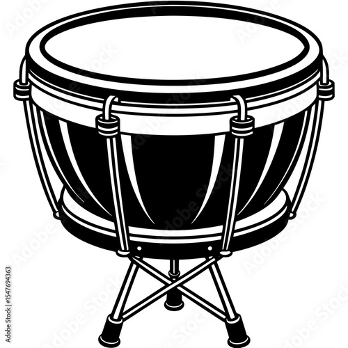 A black and white illustration of a timpani drum isolated on white