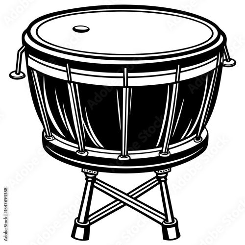 A black and white illustration of a timpani drum isolated on white
