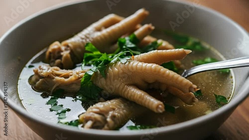 Savory chicken feet soup with fresh herbs in a white bowl, close-up.