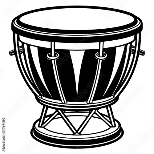 A black and white illustration of a timpani drum isolated on white