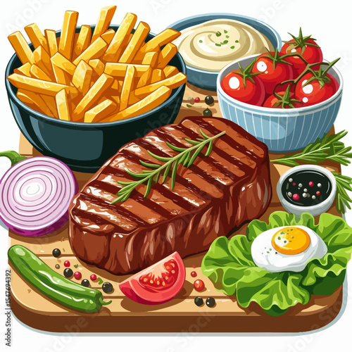 Vibrant illustration of a grilled steak served with french fries, dipping sauces, vegetables, and an egg, displayed on a wooden cutting board.