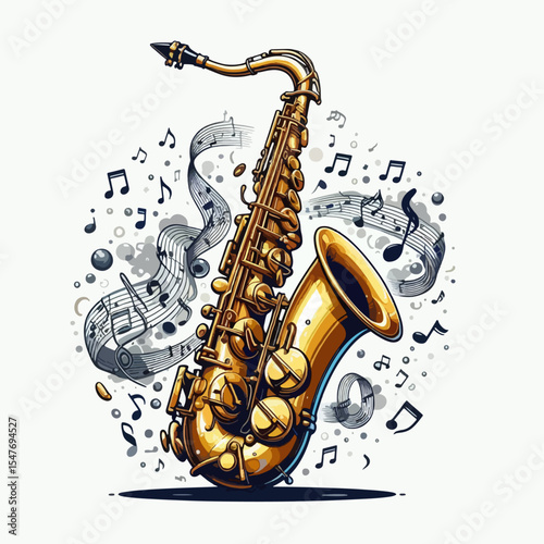 Vibrant illustration of a saxophone with musical notes surrounding it, showcasing a polished golden instrument in a dynamic graphic design.