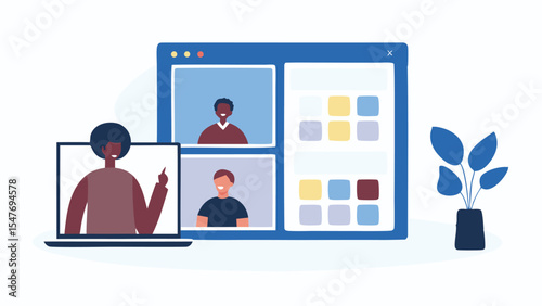 Illustration of a video conference call with three participants and a plant on a white background