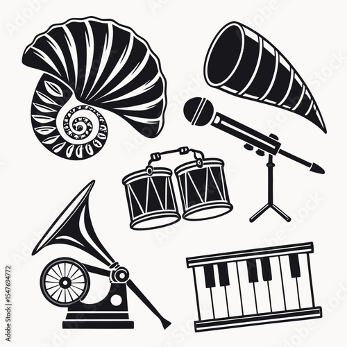 Collection of vintage musical instruments and sound devices