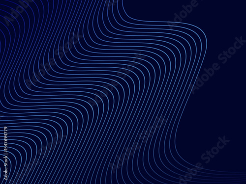 Blue background with modern abstract wave lines. Wave pattern of dark blue thin lines overlapping each other, creating a dynamic and technological abstract background.