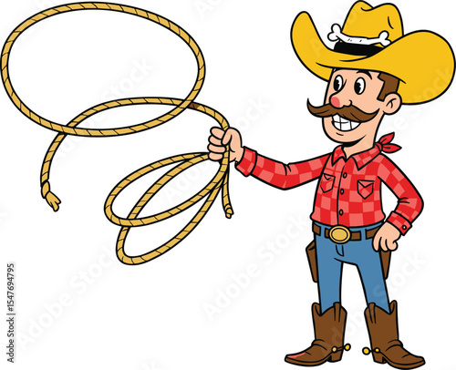 Cartoon cowboy in red shirt with lasso, smiling western character, rope spinning, cowboy boots, hat, wild west theme illustration, isolated.