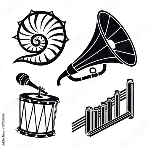 Vintage musical instruments and nautilus shell graphic design