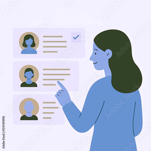 Flat vector concept of job applicant review process, featuring stylized profile cards with icons and data lines