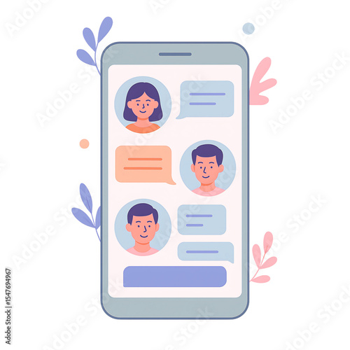 Flat vector illustration of a mobile chat interface with two users