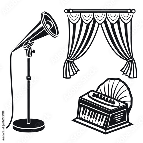Vintage stage setup with microphone stand curtains and organ