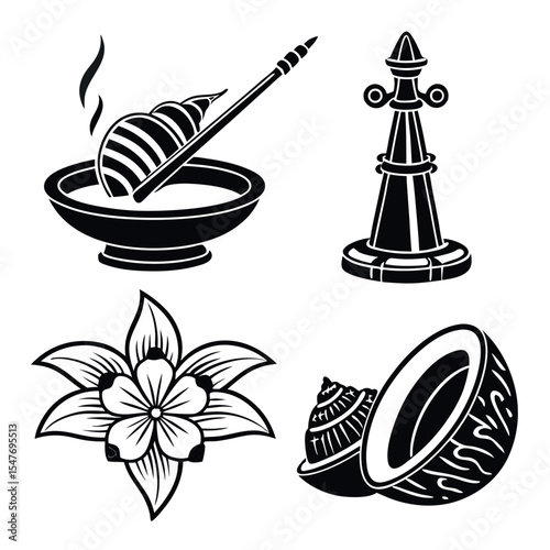 Black and white illustrations of south indian ritual objects and flowers