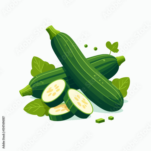 Digital illustration of two whole zucchini and their cross sections, surrounded by leaves and small pieces, on a white background.